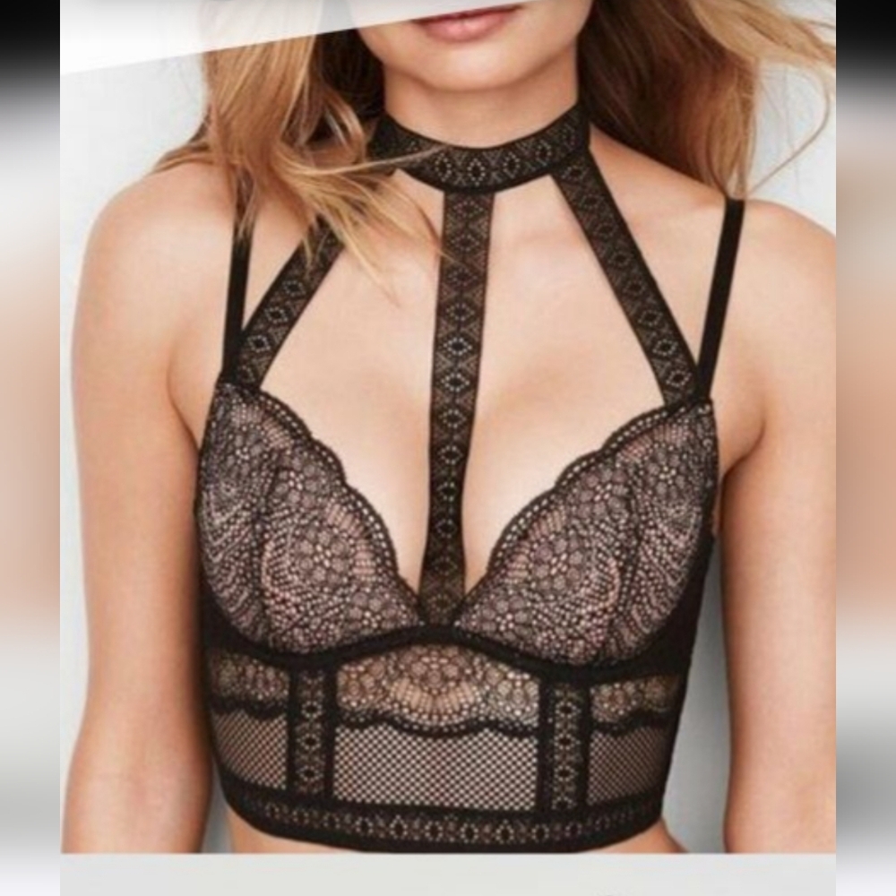 Victoria Secret Bra  Lined Plunge Black Lace Halter Mesh Strappy Underwire